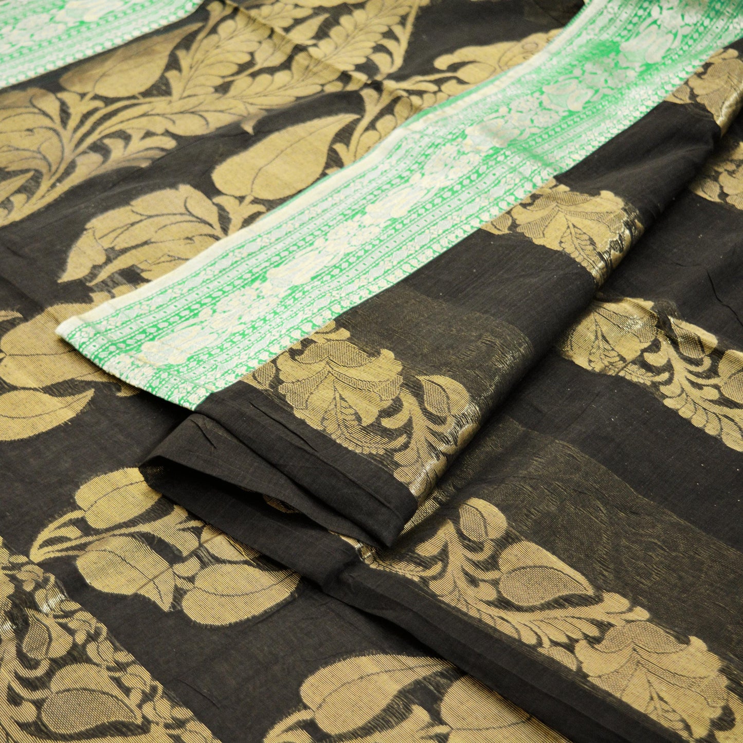 Vintage Sari Black Pure Cotton Hand Woven Saree Golden Zari 5Yard Floral Golden Zari
