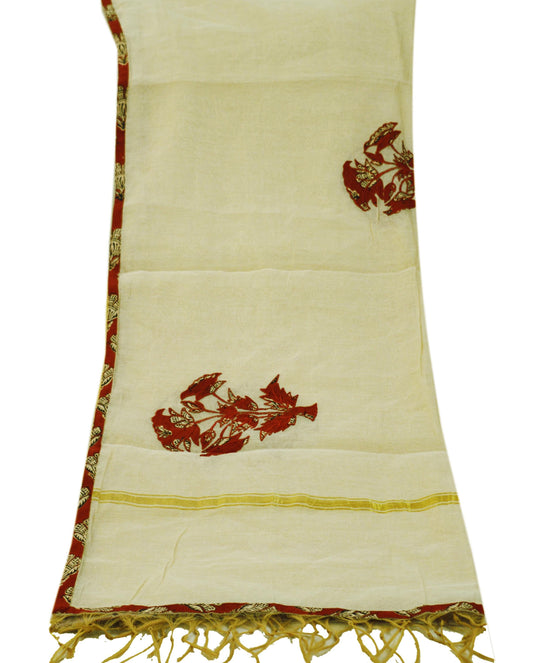 Indian Beige Vintage Dupatta Long Stole Hand Woven Blend Cotton Indian Scarf Veil Soft Floral