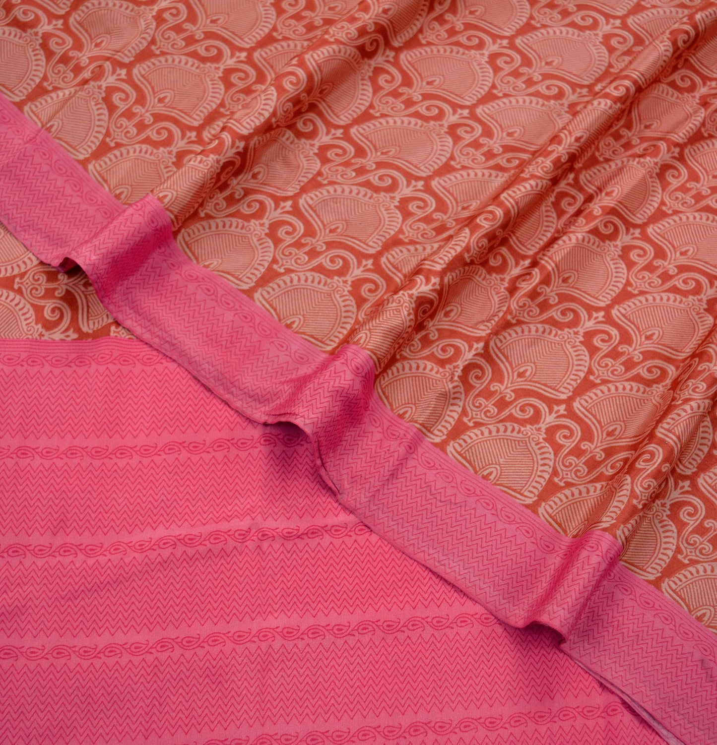 Indian Vintage Sari Orange & Pink Moss Crepe Printed Sarees 5yd Craft Fabric Sewing Floral Soft Dressmaking Quilting Crafting Upcycle Used