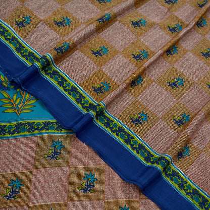 Indian Vintage Sari Brown & Blue Moss Crepe Printed Sarees Craft Fabric 5yd Sewing Floral Soft Dress making Quilting Crafting Upcycle  Used