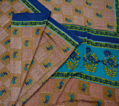 Indian Vintage Sari Brown & Blue Moss Crepe Printed Sarees Craft Fabric 5yd Sewing Floral Soft Dress making Quilting Crafting Upcycle  Used