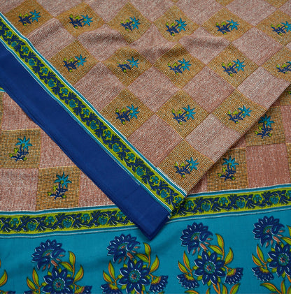 Indian Vintage Sari Brown & Blue Moss Crepe Printed Sarees Craft Fabric 5yd Sewing Floral Soft Dress making Quilting Crafting Upcycle  Used