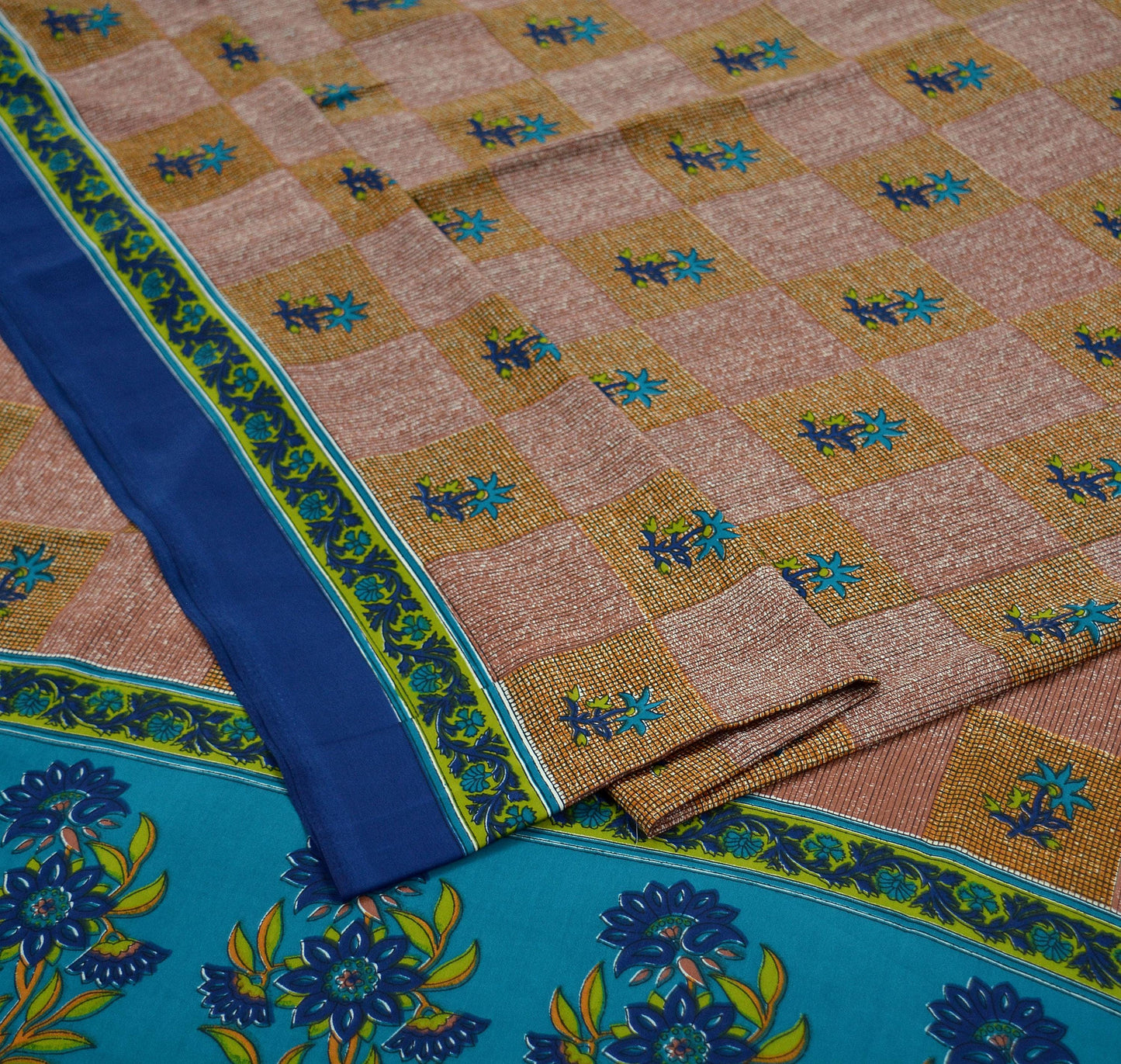 Indian Vintage Sari Brown & Blue Moss Crepe Printed Sarees Craft Fabric 5yd Sewing Floral Soft Dress making Quilting Crafting Upcycle  Used