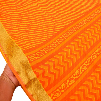 Indian Vintage Sari Orange 100% Pure Cotton Printed Sarees 5Yd Craft Fabric Soft Sewing Sarong Wrap Stripes Quilting Crafting Upcycle Used