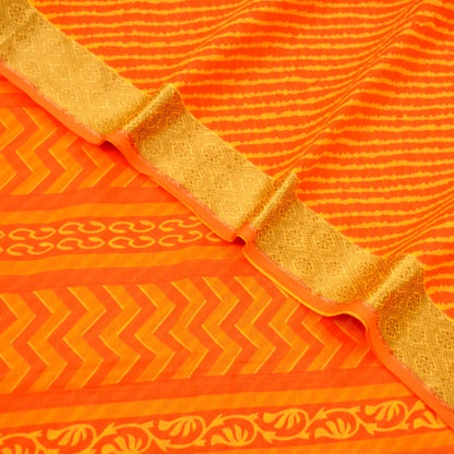 Indian Vintage Sari Orange 100% Pure Cotton Printed Sarees 5Yd Craft Fabric Soft Sewing Sarong Wrap Stripes Quilting Crafting Upcycle Used