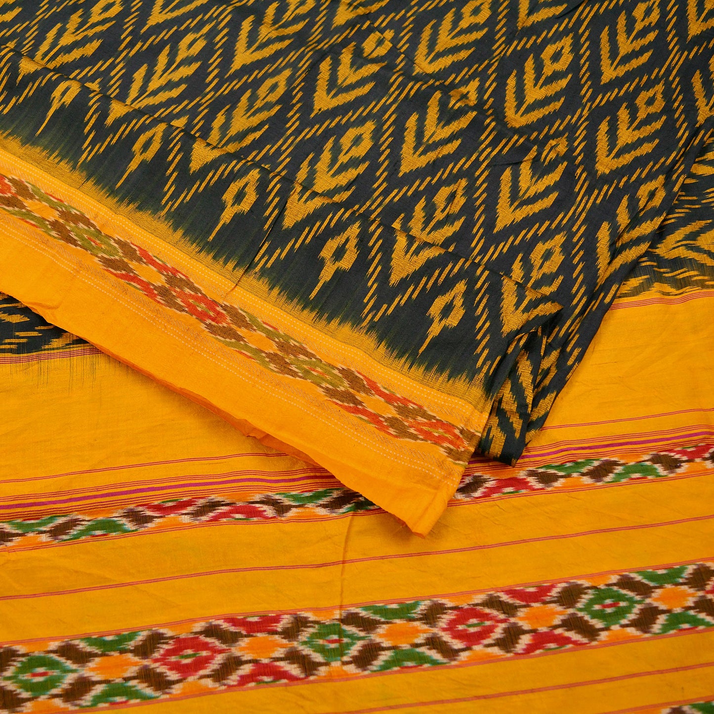 Indian Vintage Sari Saffron & Black Pure Silk Hand Woven Ikat Patola Pochampally Sarees 5Yd Craft Fabric Ethnic Zari Border Bollywood Sarees