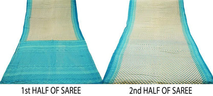 Indian Vintage Sari Blue & Beige Printed 100% Pure Cotton Saree Craft Soft Fabric 5Yard Sewing Sarong Wrap Floral