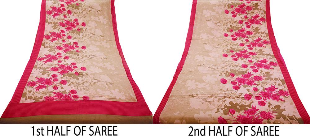 Indian Vintage Sari Beige & Pink Pure Crepe Silk Printed Saree 5yard Sewing Floral Soft Craft Fabric Wrap