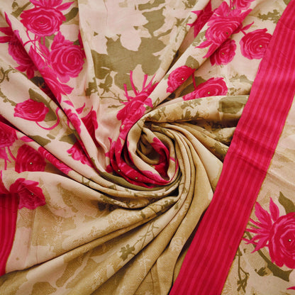 Indian Vintage Sari Beige & Pink Pure Crepe Silk Printed Saree 5yard Sewing Floral Soft Craft Fabric Wrap