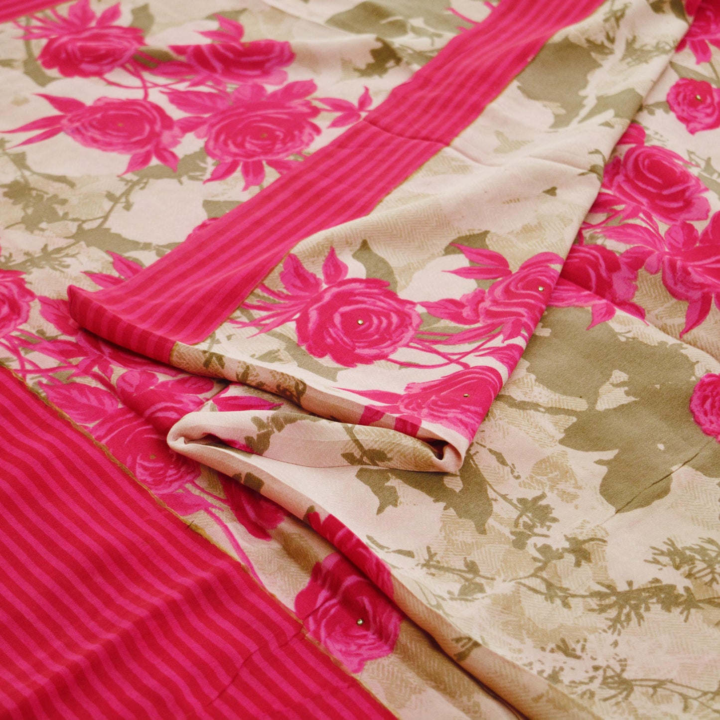 Indian Vintage Sari Beige & Pink Pure Crepe Silk Printed Saree 5yard Sewing Floral Soft Craft Fabric Wrap