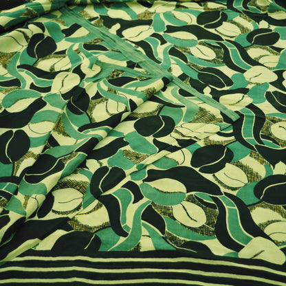 Indian Vintage Sari Green & Black Pure Crepe Silk Printed Saree 6yard Sewing Floral Soft Craft Fabric Wrap