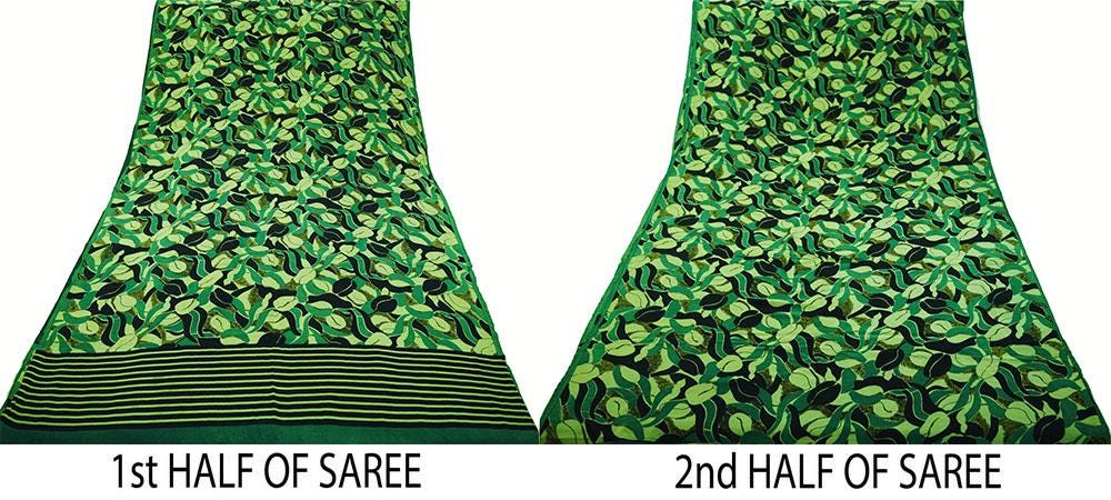 Indian Vintage Sari Green & Black Pure Crepe Silk Printed Saree 6yard Sewing Floral Soft Craft Fabric Wrap