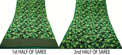 Indian Vintage Sari Green & Black Pure Crepe Silk Printed Saree 6yard Sewing Floral Soft Craft Fabric Wrap