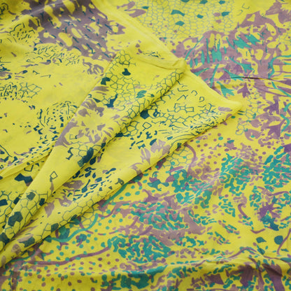 Indian Women Vintage Sari Yellow 100% Pure Georgette Silk Printed Saree Sewing 5yard Soft Craft Abstract Design Wrap Boho