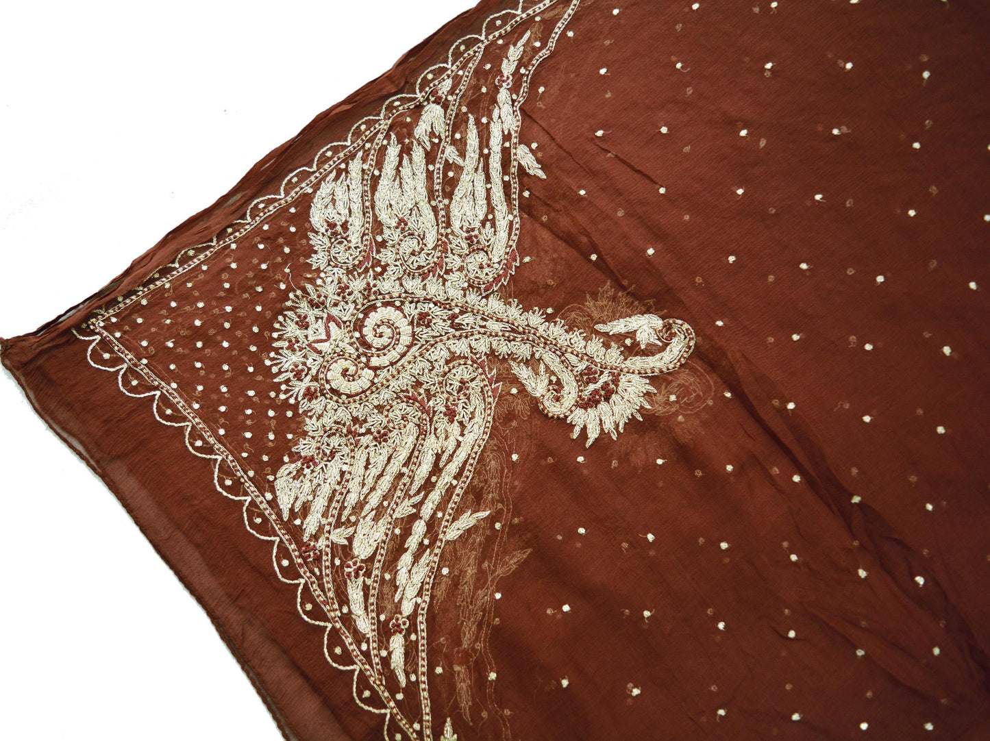 Indian Vintage Brown Dupatta Pure Chiffon silk Long Stole Hand Embroidered Scarves Floral Design Stole Veil Wrap Zari Zardozi