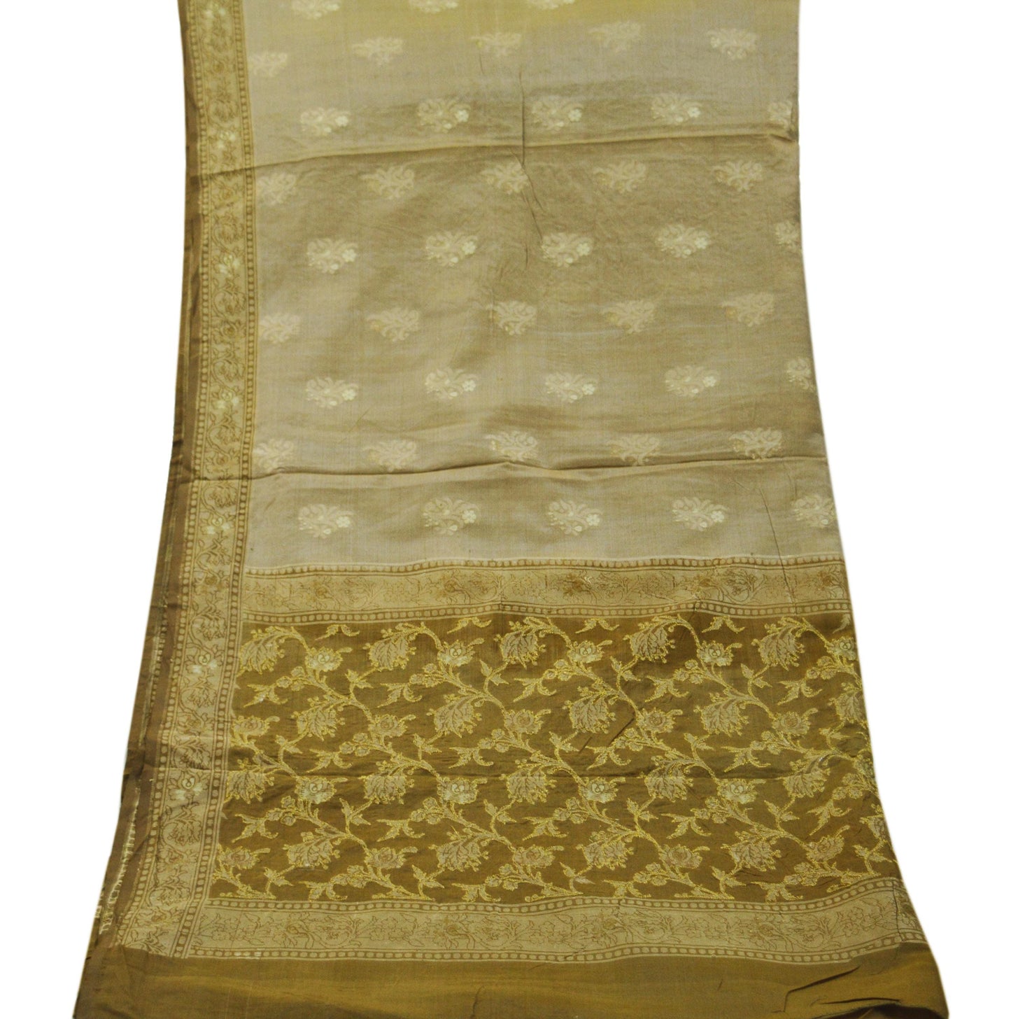 Indian Vintage Green & Beige Dupatta Long Stole Pure Silk Hand Woven Indian Scarves Veil Scarf Wrap Floral Zari