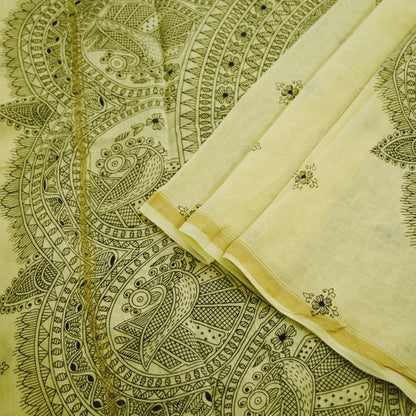 Indian Vintage Ivory Dupatta Long Stole Kalamkari Print Pure Chanderi Silk Indian Scarves Veil Golden Zari