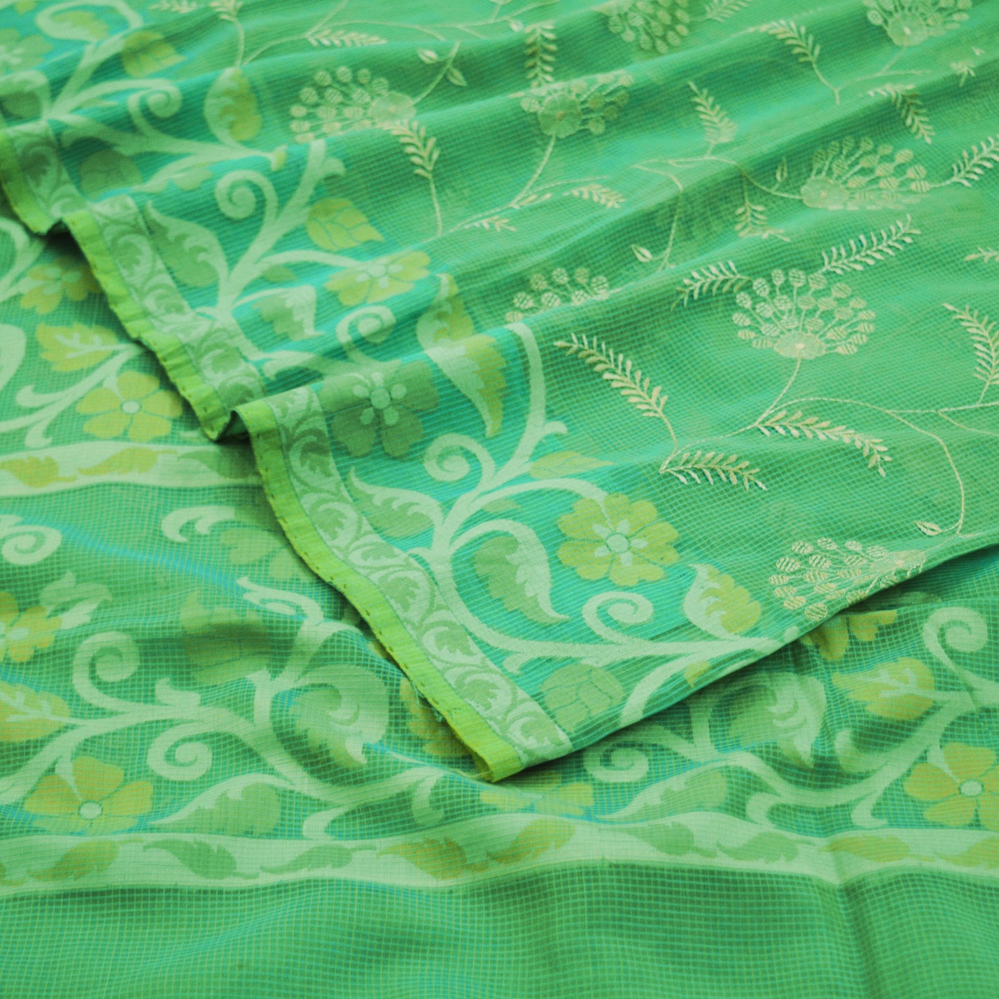 Indian Vintage Sari Green Heavy Hand Embroidered 100% Pure Organza Silk Saree Fabric 5Yard Silk Sari Ethnic Floral