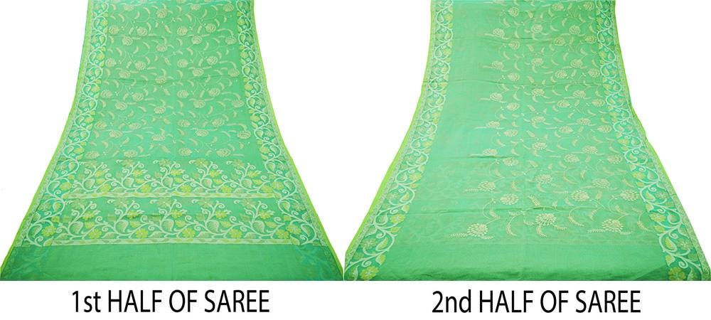 Indian Vintage Sari Green Heavy Hand Embroidered 100% Pure Organza Silk Saree Fabric 5Yard Silk Sari Ethnic Floral