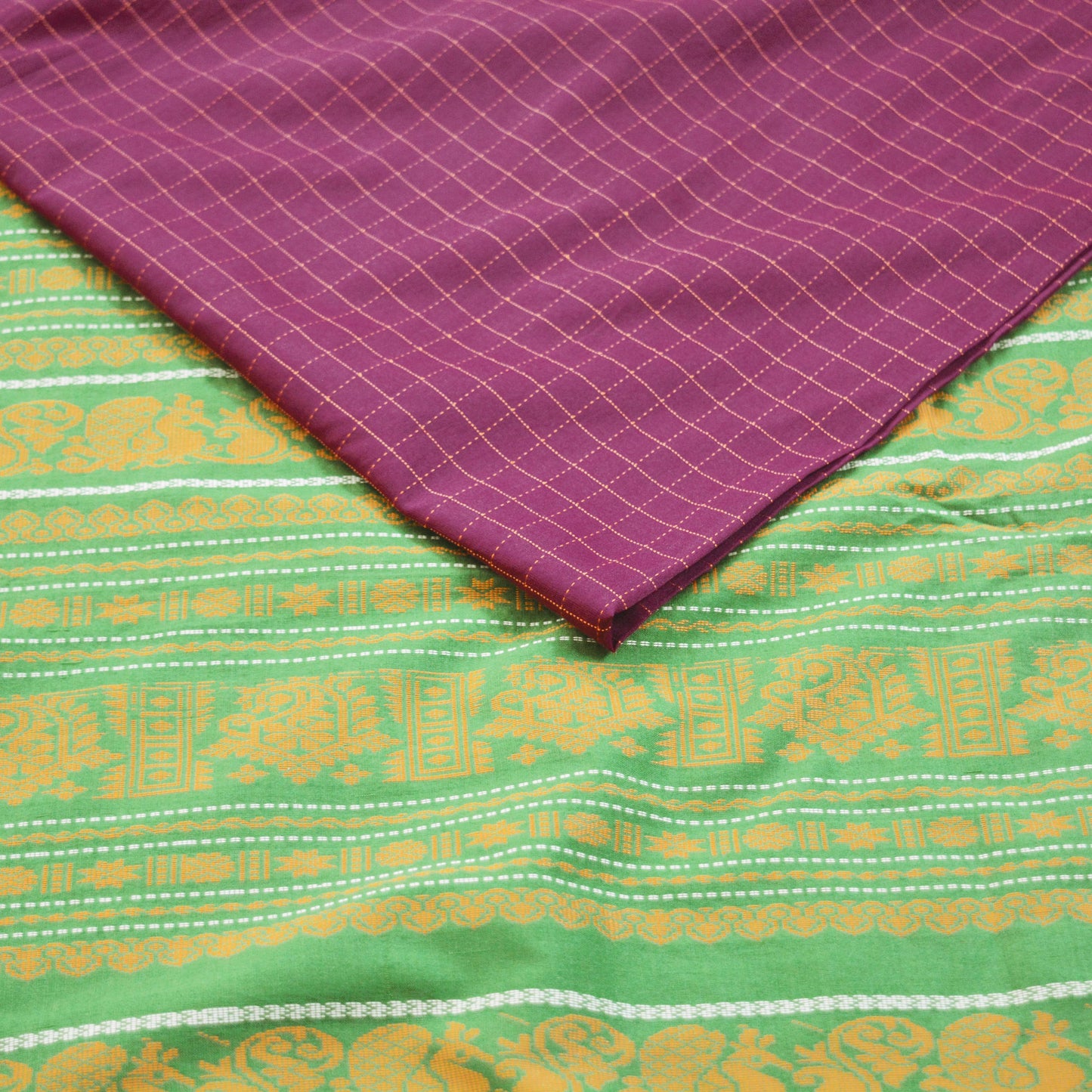 Indian Vintage Sari Purple & Green Pure Cotton Hand Woven Baluchari Saree 5yard Ethnic Fringes Peacock Fringes