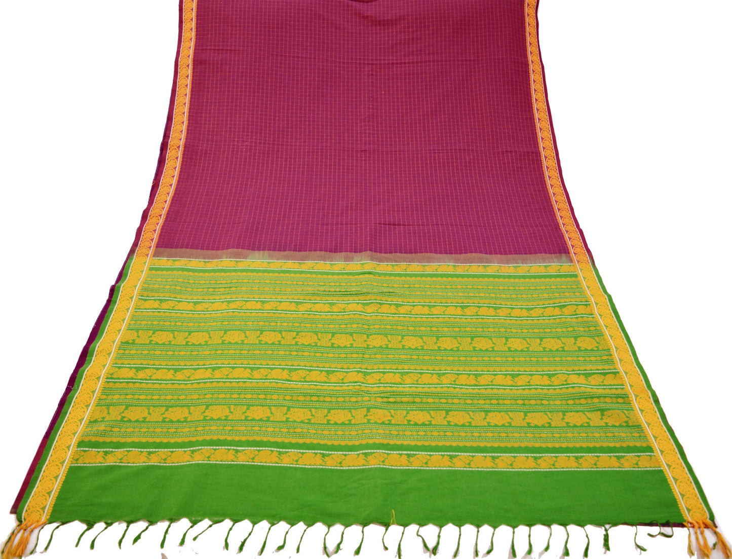 Indian Vintage Sari Purple & Green Pure Cotton Hand Woven Baluchari Saree 5yard Ethnic Fringes Peacock Fringes