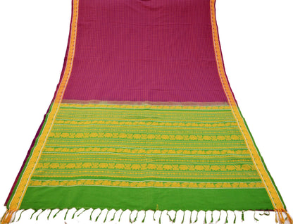 Indian Vintage Sari Purple & Green Pure Cotton Hand Woven Baluchari Saree 5yard Ethnic Fringes Peacock Fringes