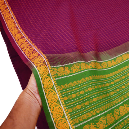 Indian Vintage Sari Purple & Green Pure Cotton Hand Woven Baluchari Saree 5yard Ethnic Fringes Peacock Fringes