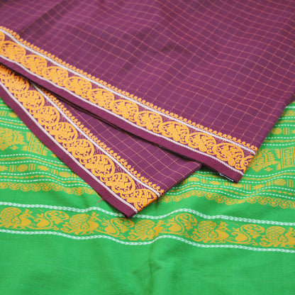 Indian Vintage Sari Purple & Green Pure Cotton Hand Woven Baluchari Saree 5yard Ethnic Fringes Peacock Fringes
