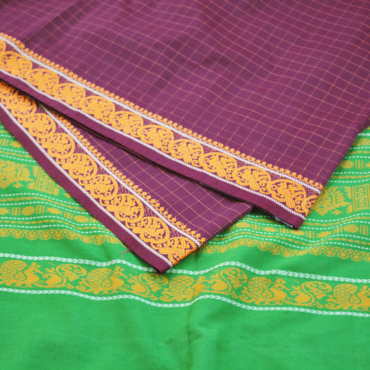 Indian Vintage Sari Purple & Green Pure Cotton Hand Woven Baluchari Saree 5yard Ethnic Fringes Peacock Fringes