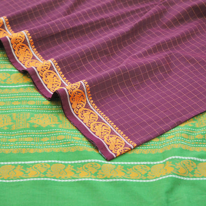Indian Vintage Sari Purple & Green Pure Cotton Hand Woven Baluchari Saree 5yard Ethnic Fringes Peacock Fringes