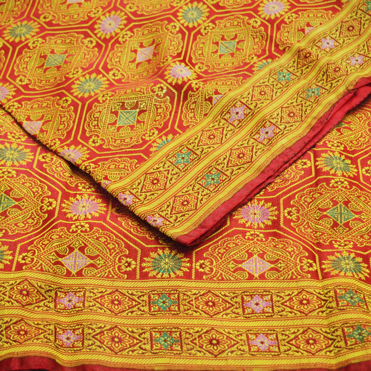 Indian Vintage Sari Red Art Silk Purple Woven Banarasi Brocade Saree Ethnic Golden Zari 6Yd