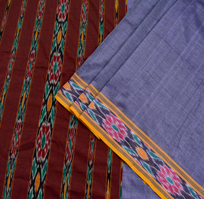 Indian Vintage Sari Purple & Maroon Pure Cotton Hand woven Sambalpuri Ikat Saree Ethnic Craft Fabric 5Yd Chackra Border Fringes Upcycle Soft