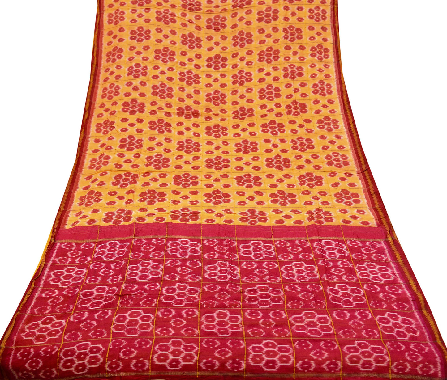 Indian Vintage Sari Saffron & Red Pure Silk Hand Woven Odisha Ikat Patola Saree Fabric 5Yd Zari Border Ethnic Party wear Quilting Upcycle