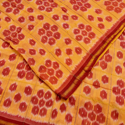 Indian Vintage Sari Saffron & Red Pure Silk Hand Woven Odisha Ikat Patola Saree Fabric 5Yd Zari Border Ethnic Party wear Quilting Upcycle