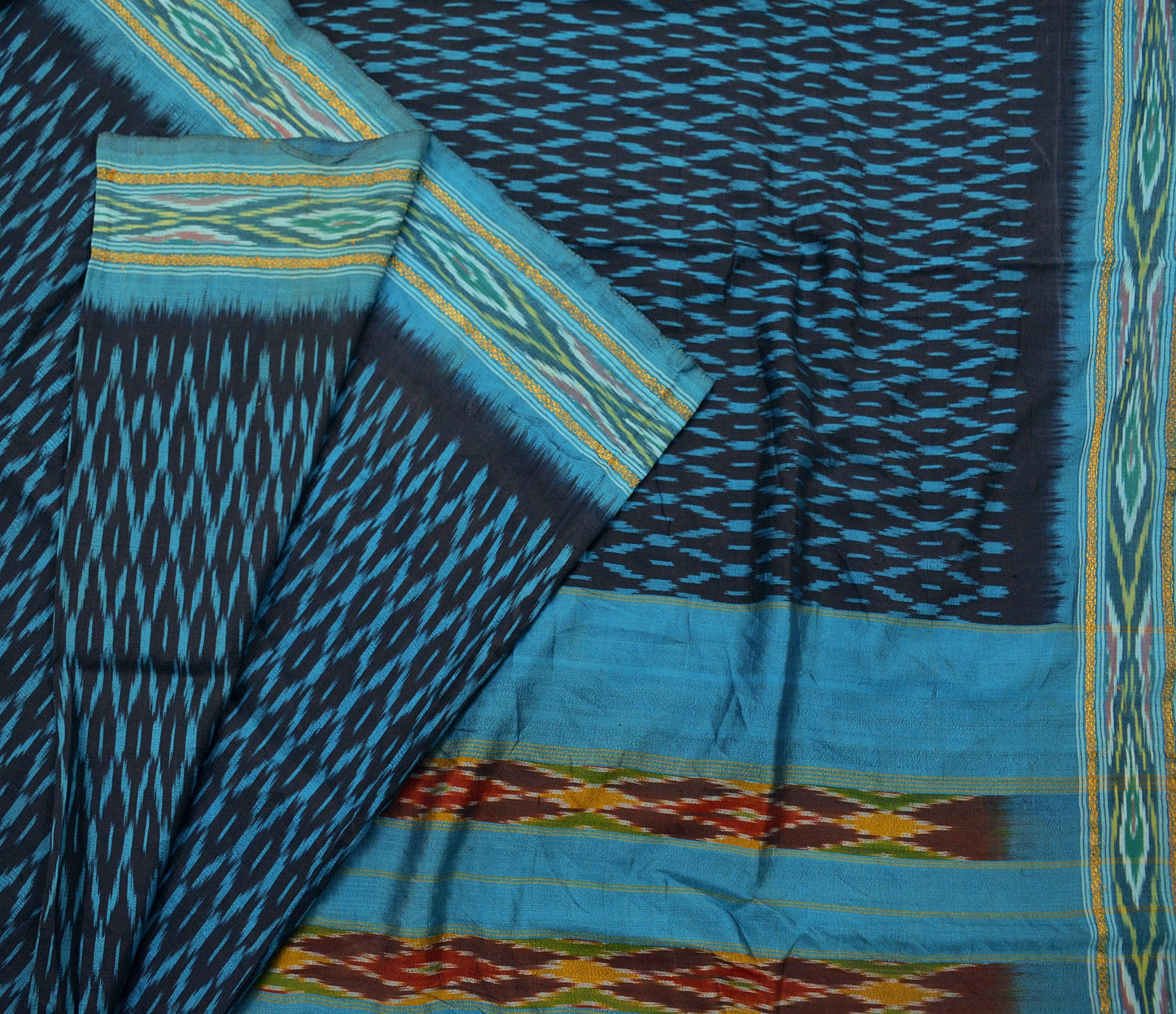 Indian Vintage Sari Blue & Black Pochampally Pure Silk Hand Woven Ikat Patola Saree Craft Fabric 5Yd Ethnic Zari Border Bollywood sarees