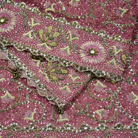 Indian Vintage Heavy Bridal Dupatta Pink Net Mesh Long Stole Hand Embroidered Scarves Golden Zardozi Dabka Zari Sequins Wedding Dupatta