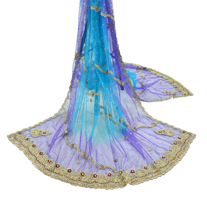 Indian Vintage Heavy Bridal Dupatta Blue & Purple Net Mesh Long Stole Hand Embroidered Scarves Golden Zardozi Zari Sequins Wedding hijab