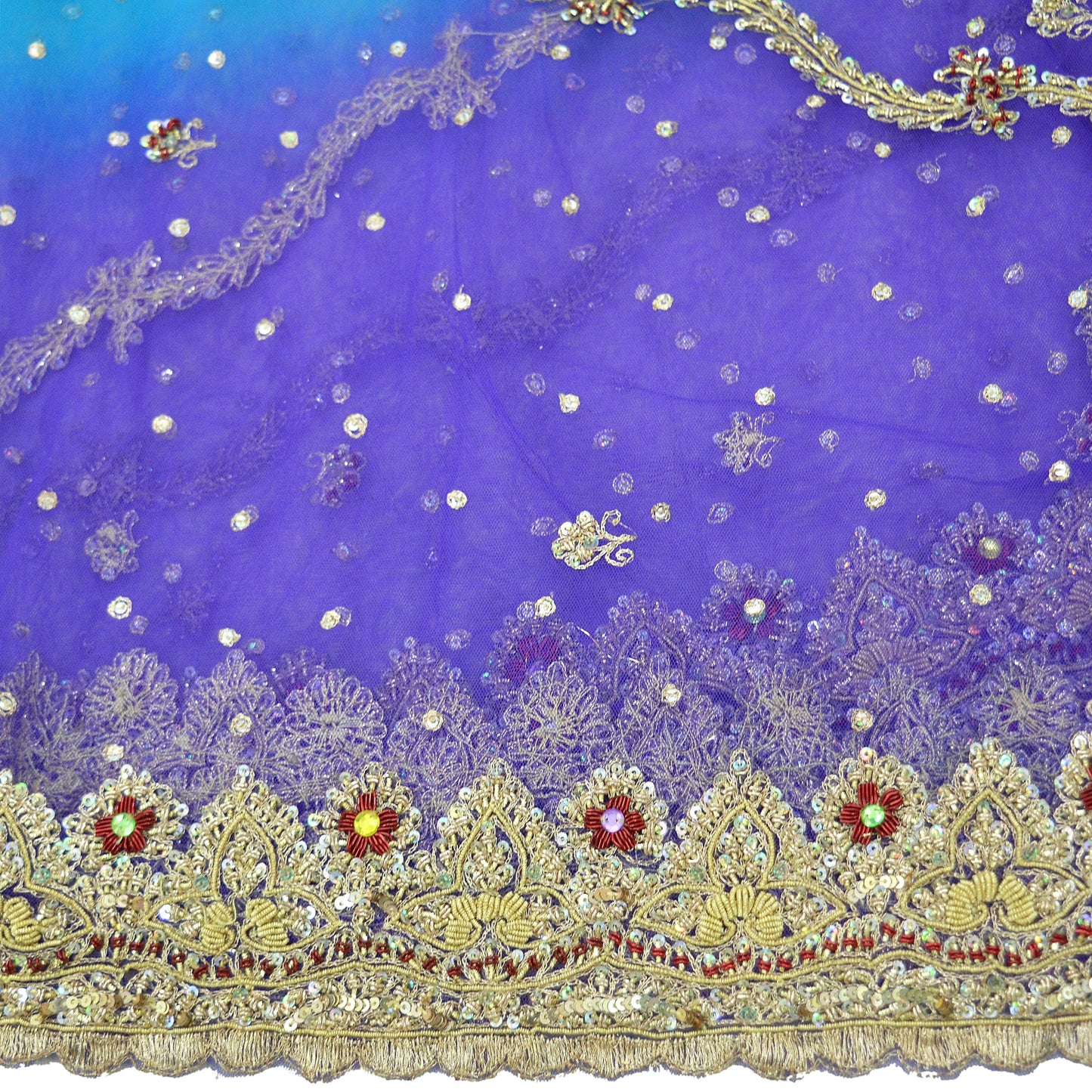 Indian Vintage Heavy Bridal Dupatta Blue & Purple Net Mesh Long Stole Hand Embroidered Scarves Golden Zardozi Zari Sequins Wedding hijab