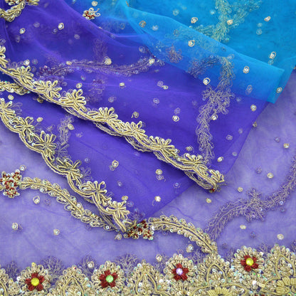 Indian Vintage Heavy Bridal Dupatta Blue & Purple Net Mesh Long Stole Hand Embroidered Scarves Golden Zardozi Zari Sequins Wedding hijab