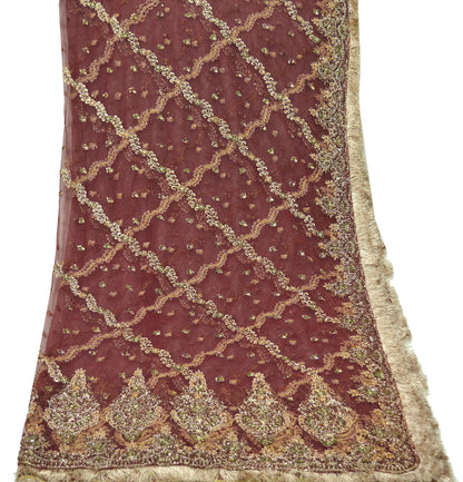 Indian Vintage Heavy Bridal Dupatta Maroon Net Mesh Long Stole Hand Embroidered Scarves Zardozi/ Dabka Zari Sequins Wedding Hijab Veil