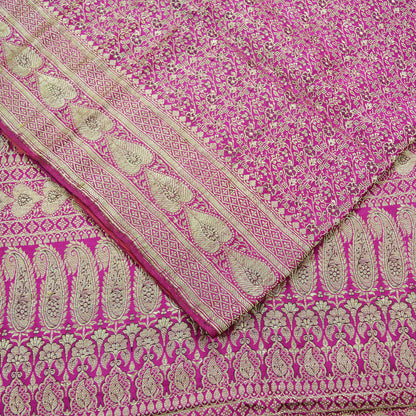 Indian Vintage Sari Heavy Wedding Pure Satin Silk Rani Pink Banarasi Brocade Saree Golden Zari 5Yd Ethnic Craft Fabric Upcycle Crafting used