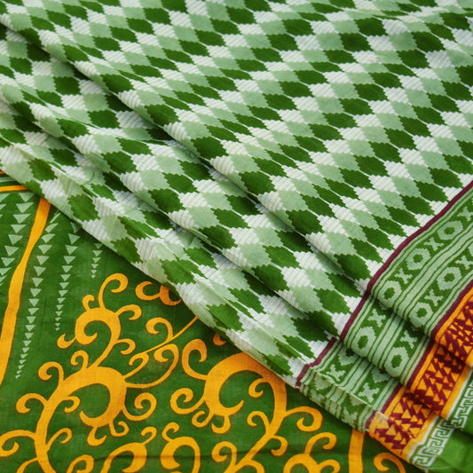 Indian Vintage Sari Green & White Printed Pure Cotton Saree Craft Fabric 5Yd Soft Sewing Sarong Wrap Boho Geometric Upcycle used Quilting