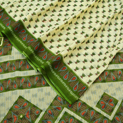 Indian Vintage Sari Green & Ivory Printed Pure Cotton Sarees 5Yd Craft Fabric Soft Sewing Sarong Wrap Boho Upcycle quilting Dress making