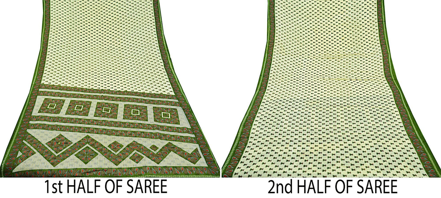 Indian Vintage Sari Green & Ivory Printed Pure Cotton Sarees 5Yd Craft Fabric Soft Sewing Sarong Wrap Boho Upcycle quilting Dress making