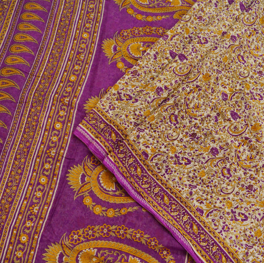 Indian Vintage Sari Purple & Ivory Pure Cotton Printed Saree 5Yd Craft Fabric Sewing Sarong Wrap Boho Floral Quilting crafting dressmaking