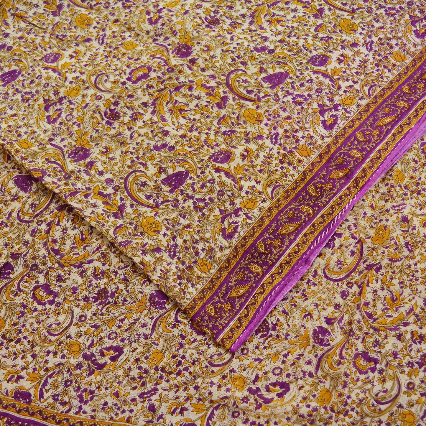 Indian Vintage Sari Purple & Ivory Pure Cotton Printed Saree 5Yd Craft Fabric Sewing Sarong Wrap Boho Floral Quilting crafting dressmaking
