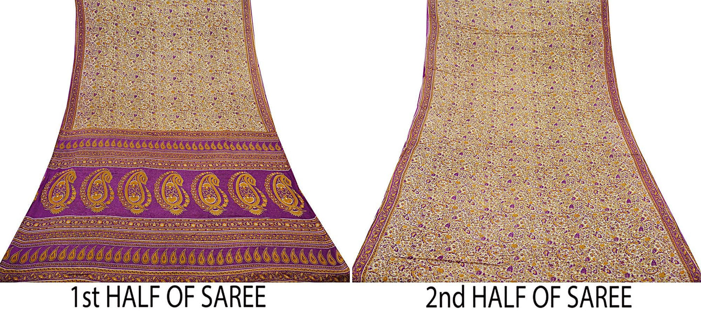 Indian Vintage Sari Purple & Ivory Pure Cotton Printed Saree 5Yd Craft Fabric Sewing Sarong Wrap Boho Floral Quilting crafting dressmaking