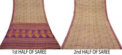 Indian Vintage Sari Purple & Ivory Pure Cotton Printed Saree 5Yd Craft Fabric Sewing Sarong Wrap Boho Floral Quilting crafting dressmaking