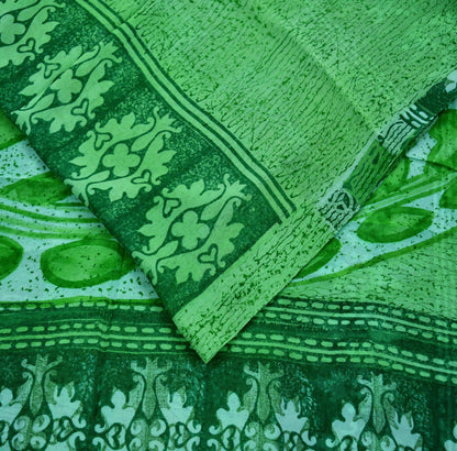 Indian Vintage Sari Green Pure Georgette Silk Printed Sarees 5Yd Craft Fabric Sewing Soft Dress Making Floral Quilting Used Upcycle