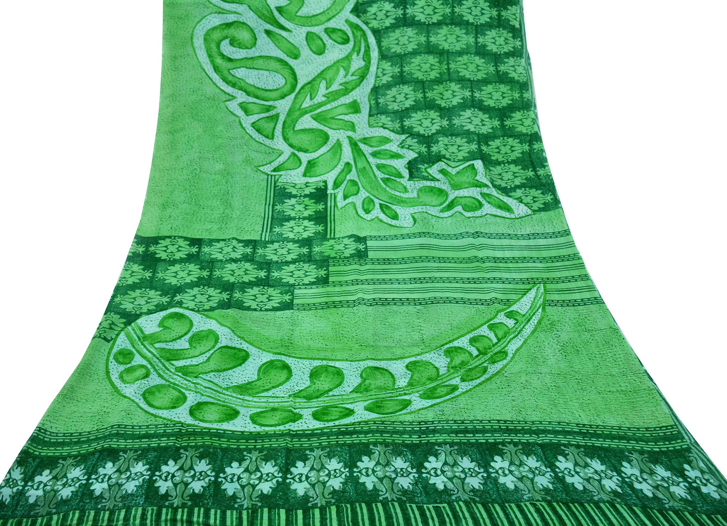 Indian Vintage Sari Green Pure Georgette Silk Printed Sarees 5Yd Craft Fabric Sewing Soft Dress Making Floral Quilting Used Upcycle